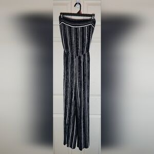 Be Cool Black White Striped Strapless Wide Leg Jumpsuit - Size Medium